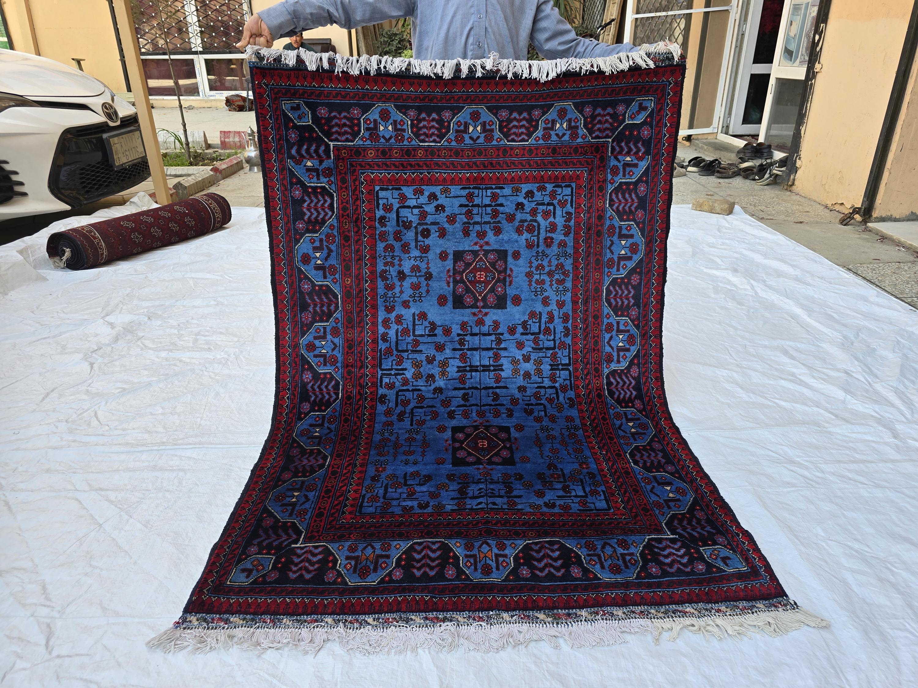 3x5 Navy Blue and Red Bukhara Afghan Handwoven Accent Rug, Turkmen Geometric Tribal Wool Rug, Bedroom Rug, Office Rug, Living Room Rug
