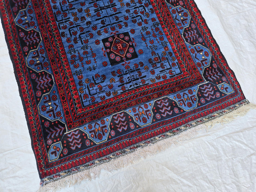 3x5 Navy Blue and Red Bukhara Afghan Handwoven Accent Rug, Turkmen Geometric Tribal Wool Rug, Bedroom Rug, Office Rug, Living Room Rug