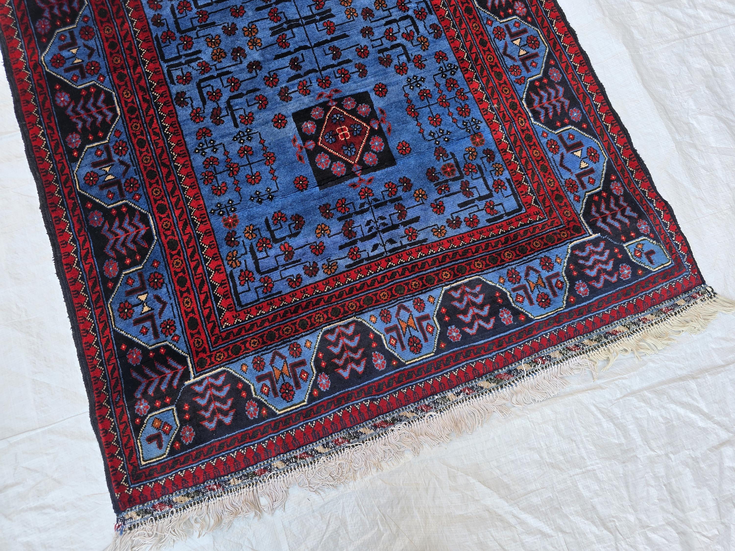 3x5 Navy Blue and Red Bukhara Afghan Handwoven Accent Rug, Turkmen Geometric Tribal Wool Rug, Bedroom Rug, Office Rug, Living Room Rug