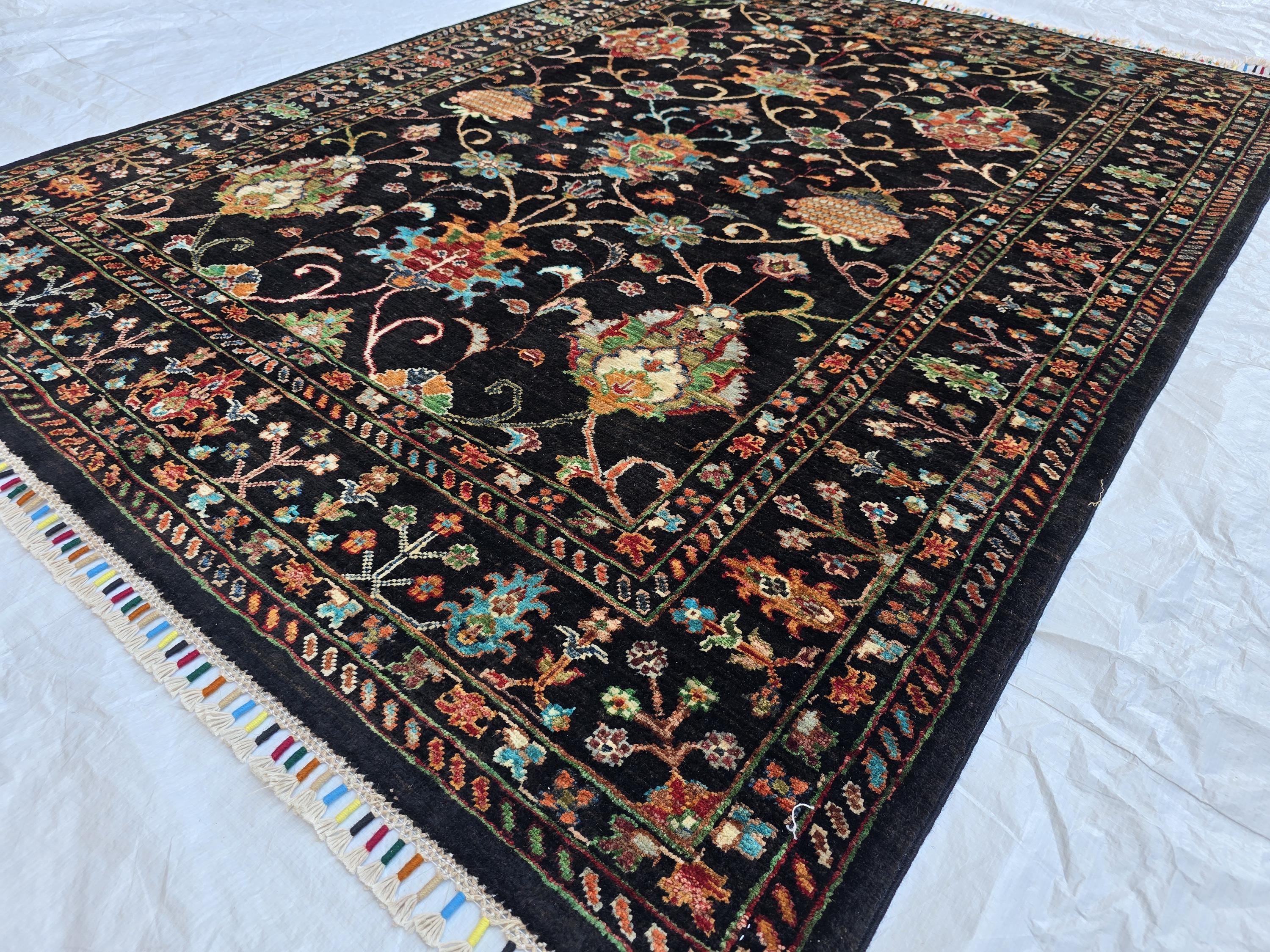 5x6ft, Afghan Handwoven Sultani Chobi High Quality Rug, Turkmen Oriental Wool Black Carpet, Luxurious Home Decor, Rug for Bedroom, Office