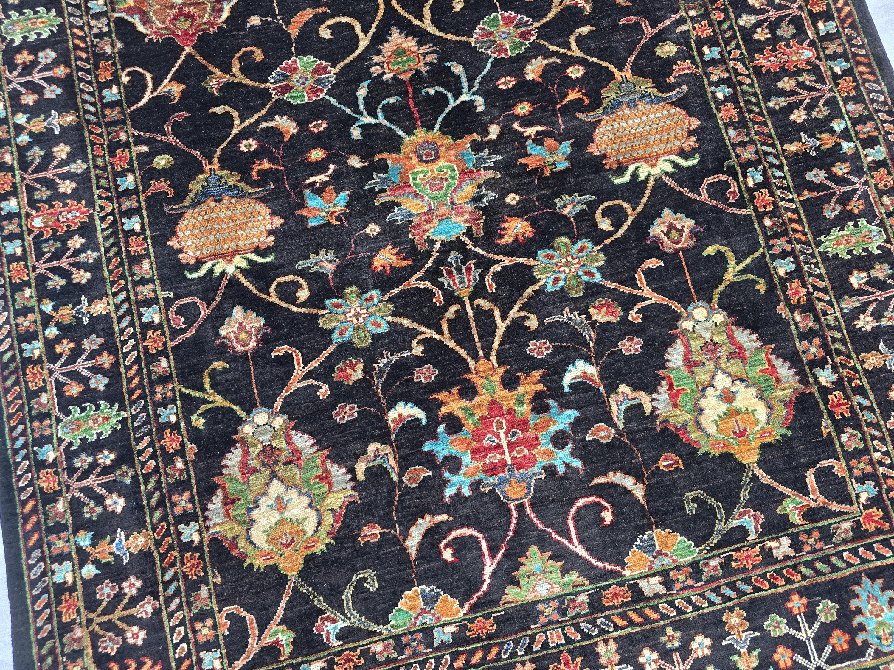 5x6ft, Afghan Handwoven Sultani Chobi High Quality Rug, Turkmen Oriental Wool Black Carpet, Luxurious Home Decor, Rug for Bedroom, Office