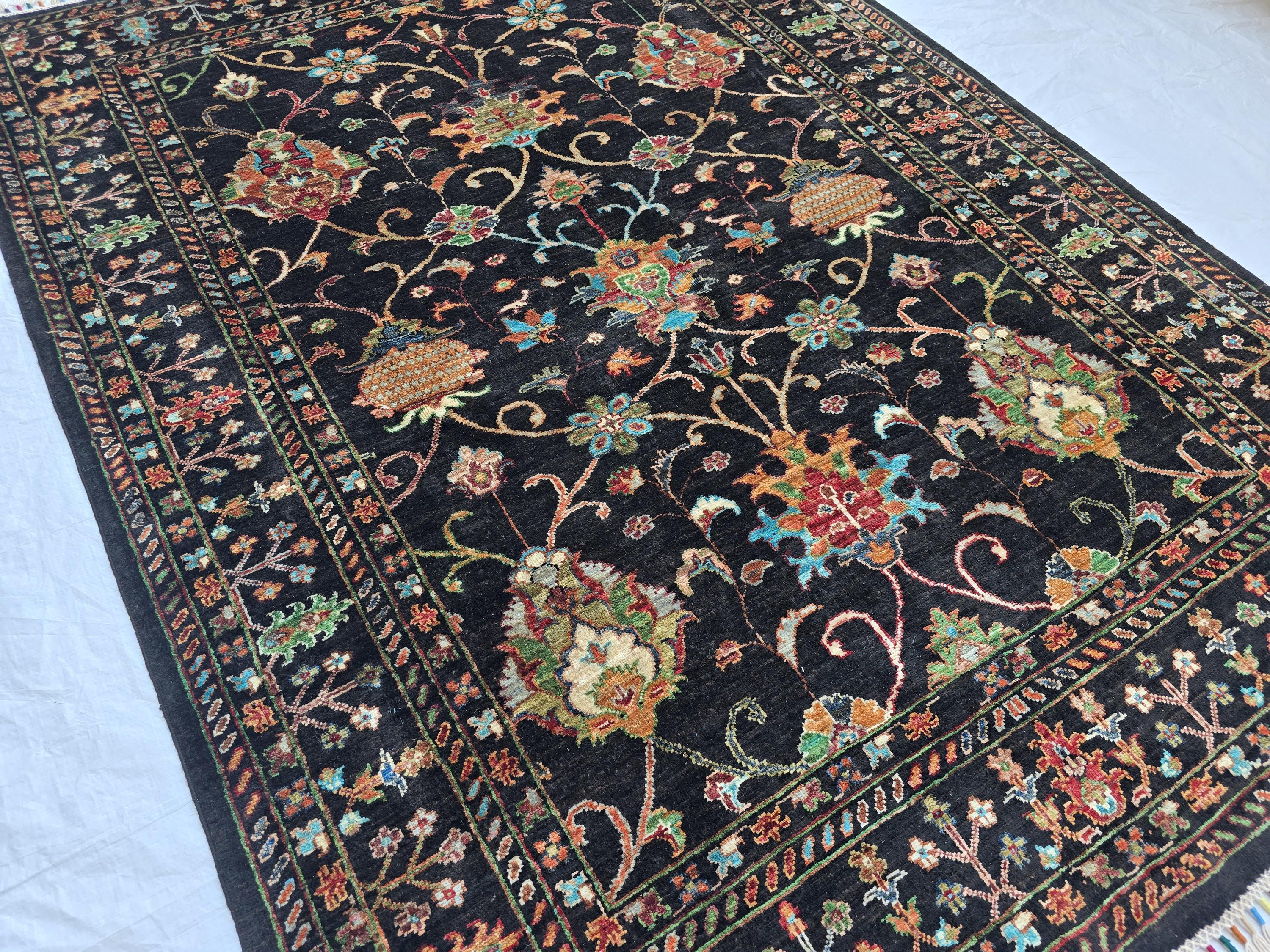 5x6ft, Afghan Handwoven Sultani Chobi High Quality Rug, Turkmen Oriental Wool Black Carpet, Luxurious Home Decor, Rug for Bedroom, Office