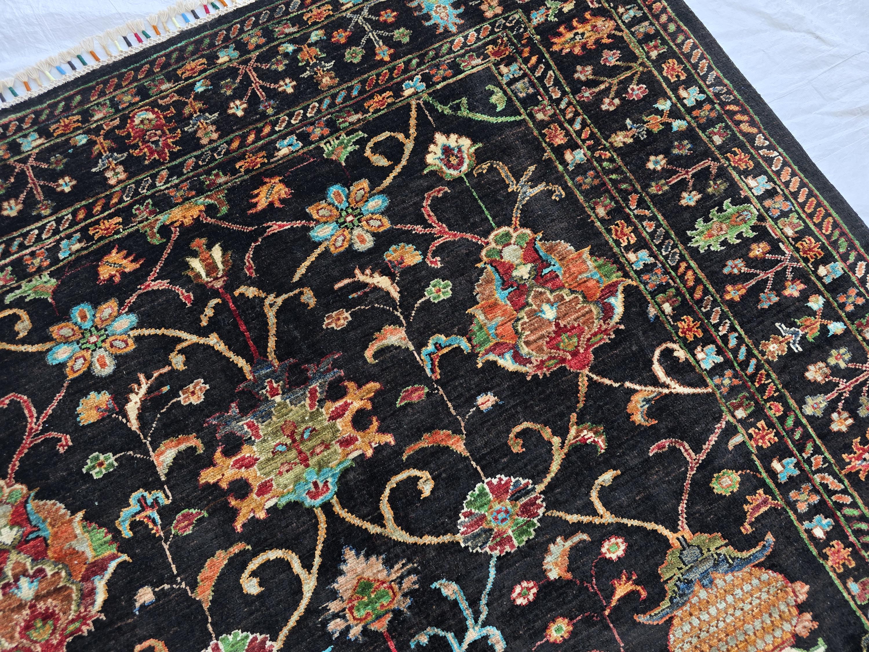 5x6ft, Afghan Handwoven Sultani Chobi High Quality Rug, Turkmen Oriental Wool Black Carpet, Luxurious Home Decor, Rug for Bedroom, Office