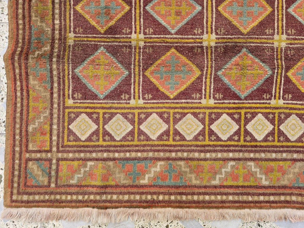4x6 Vintage Afghan Handmade Wool Rug – Geometric Tribal Oriental Carpet, Red & Gold Area Rug, Collectible Item, Living Room Rug, Bedroom Rug