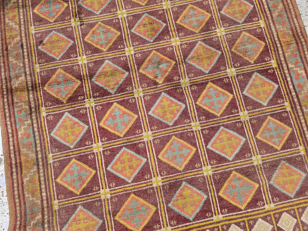 4x6 Vintage Afghan Handmade Wool Rug – Geometric Tribal Oriental Carpet, Red & Gold Area Rug, Collectible Item, Living Room Rug, Bedroom Rug