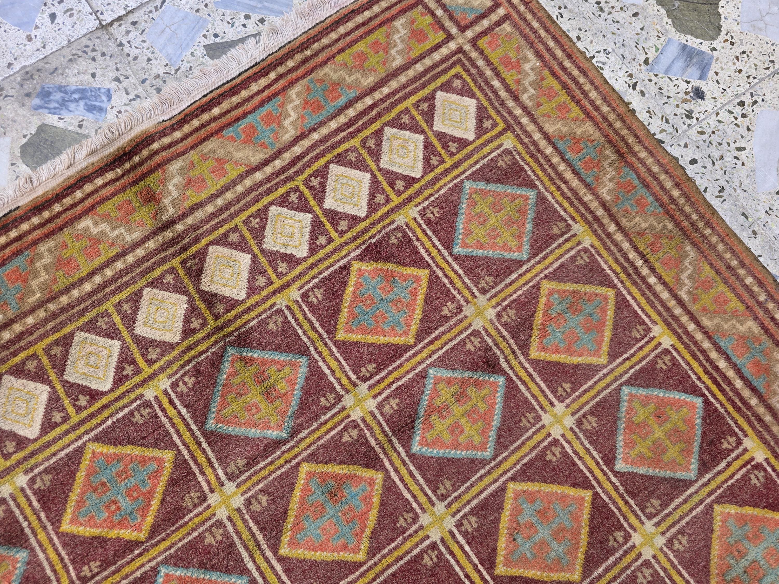 4x6 Vintage Afghan Handmade Wool Rug – Geometric Tribal Oriental Carpet, Red & Gold Area Rug, Collectible Item, Living Room Rug, Bedroom Rug