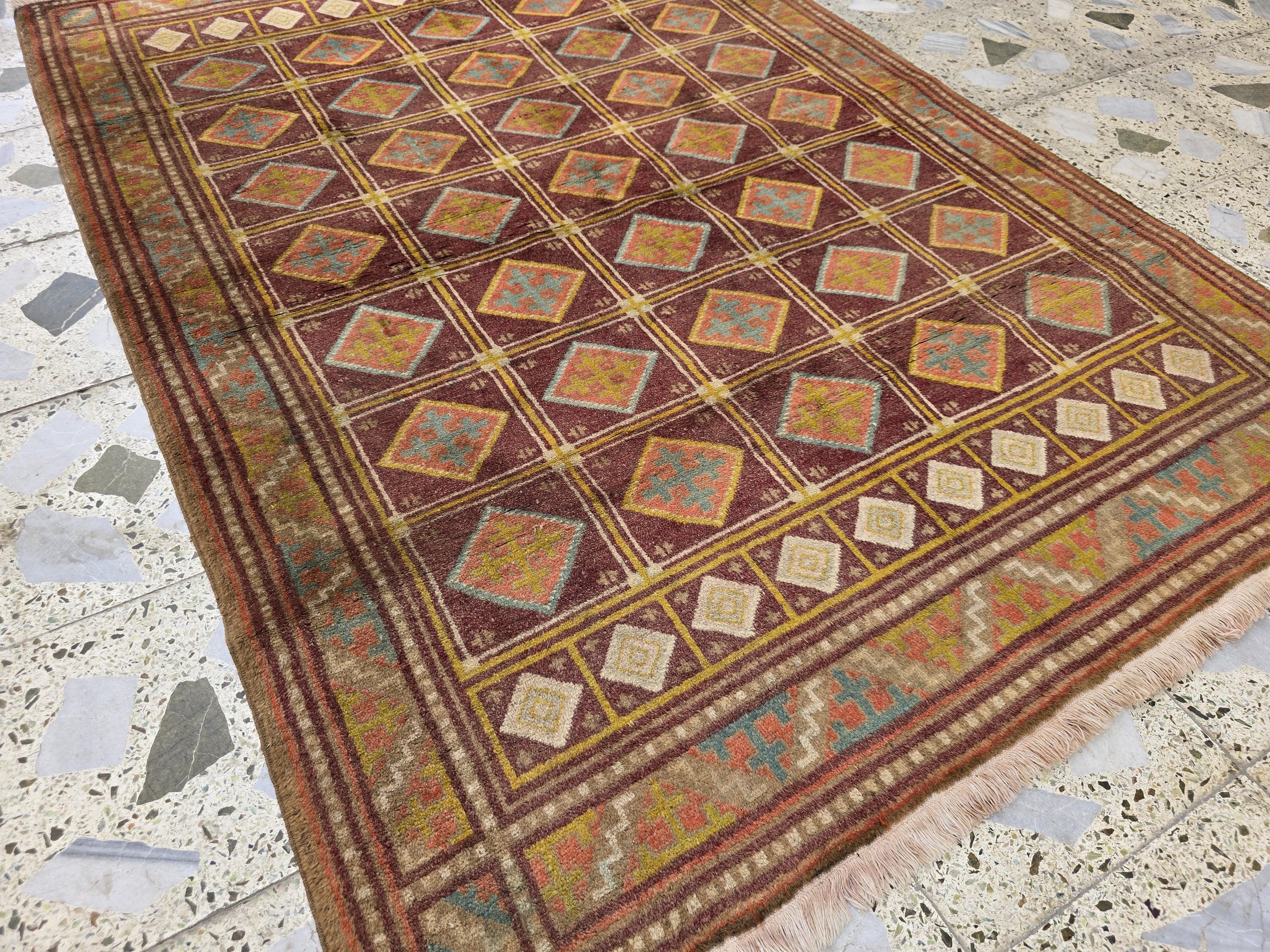4x6 Vintage Afghan Handmade Wool Rug – Geometric Tribal Oriental Carpet, Red & Gold Area Rug, Collectible Item, Living Room Rug, Bedroom Rug