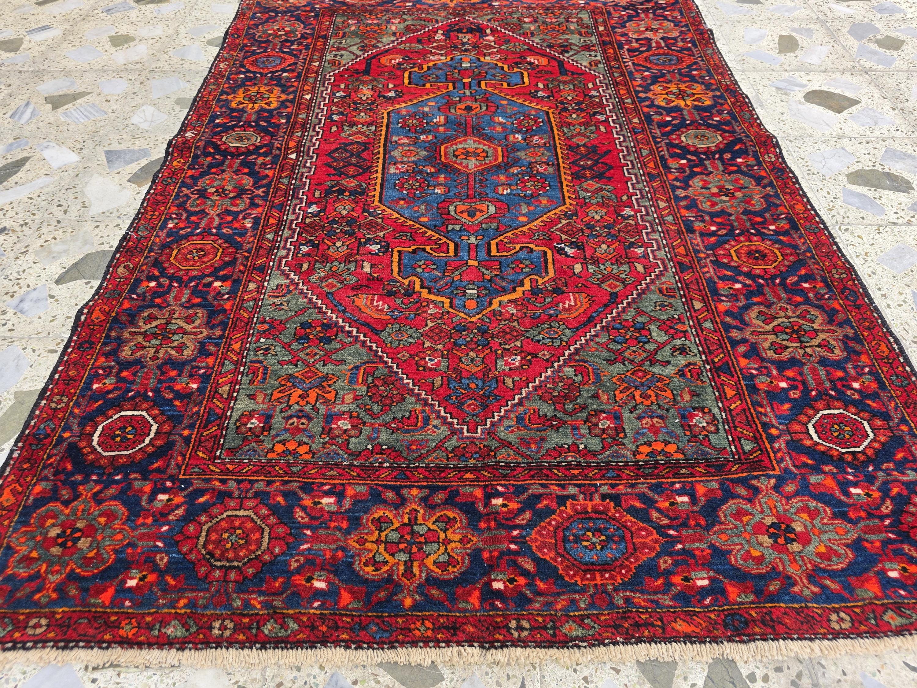 Antique Afghan Rug 4x7ft |Handmade Wool Persian Tribal Carpet | Red & Blue Oriental Vintage Area Rug | Boho Farmhouse Decor, Living Room Rug