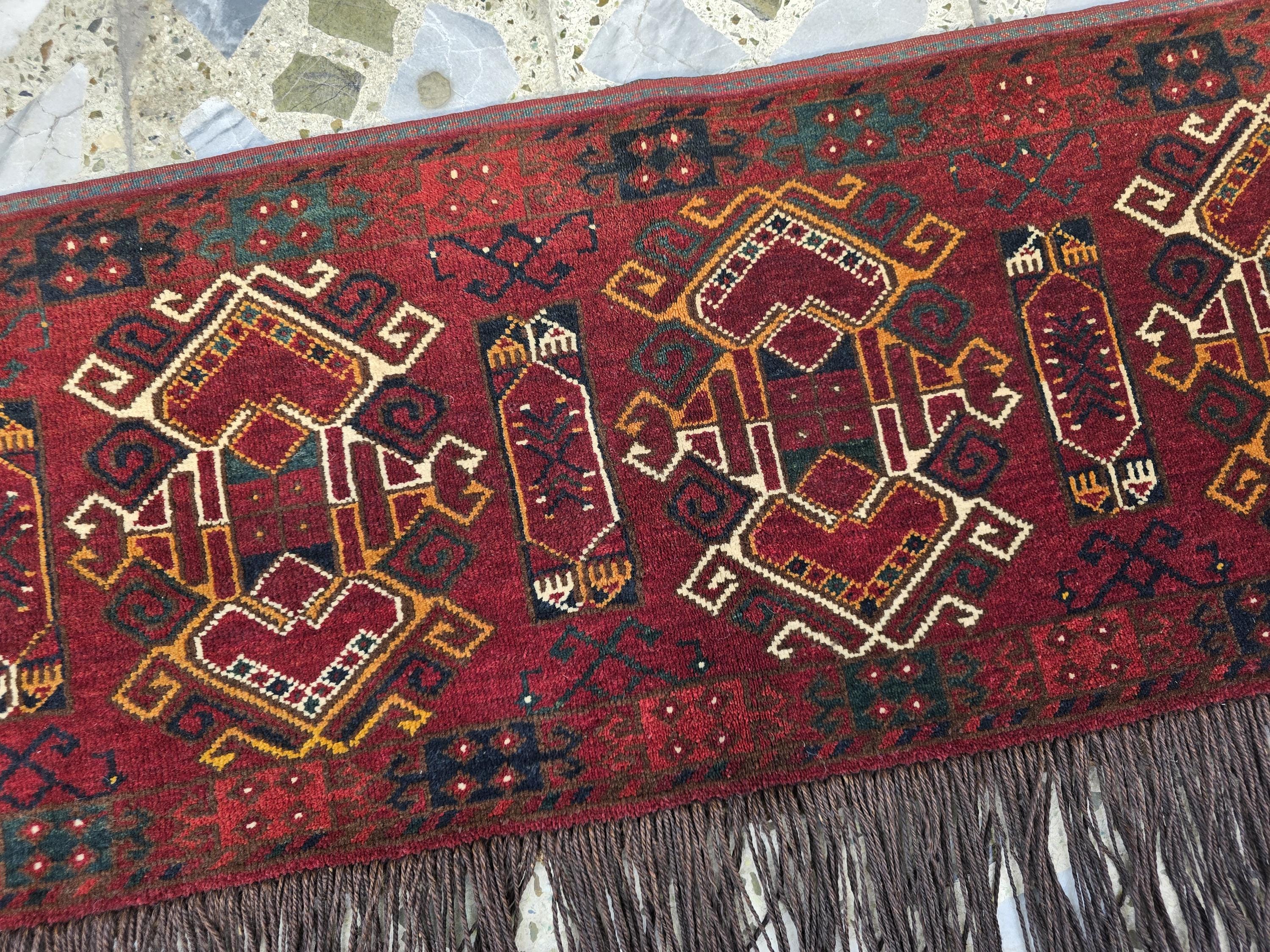 Vintage Afghan Wall Hanging Rug 2x5ft | 55 Year Old Tribal Handmade Wool Tapestry | Antique Baluch Textile with Fringe | Boho Oriental Decor