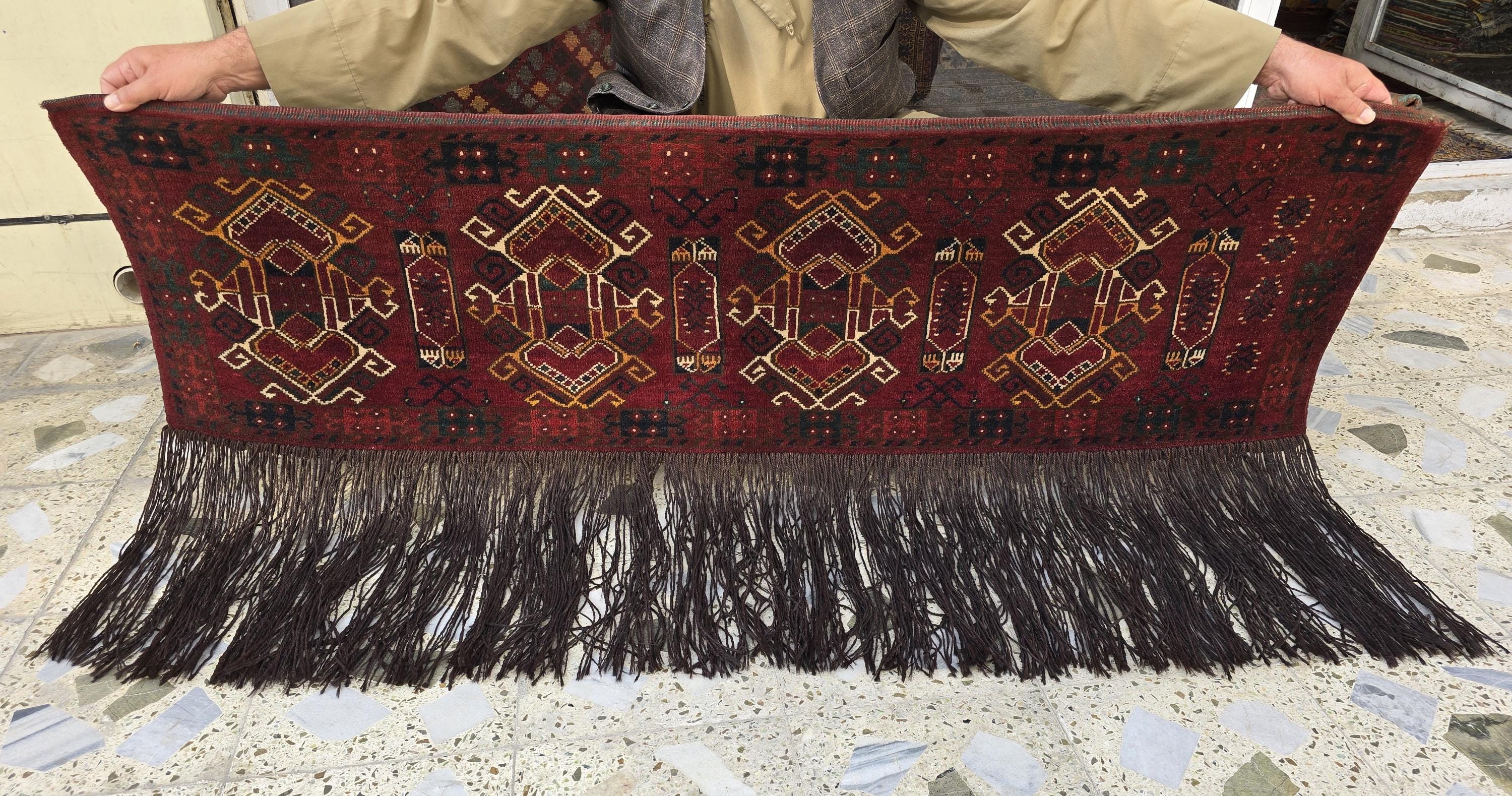 Vintage Afghan Wall Hanging Rug 2x5ft | 55 Year Old Tribal Handmade Wool Tapestry | Antique Baluch Textile with Fringe | Boho Oriental Decor