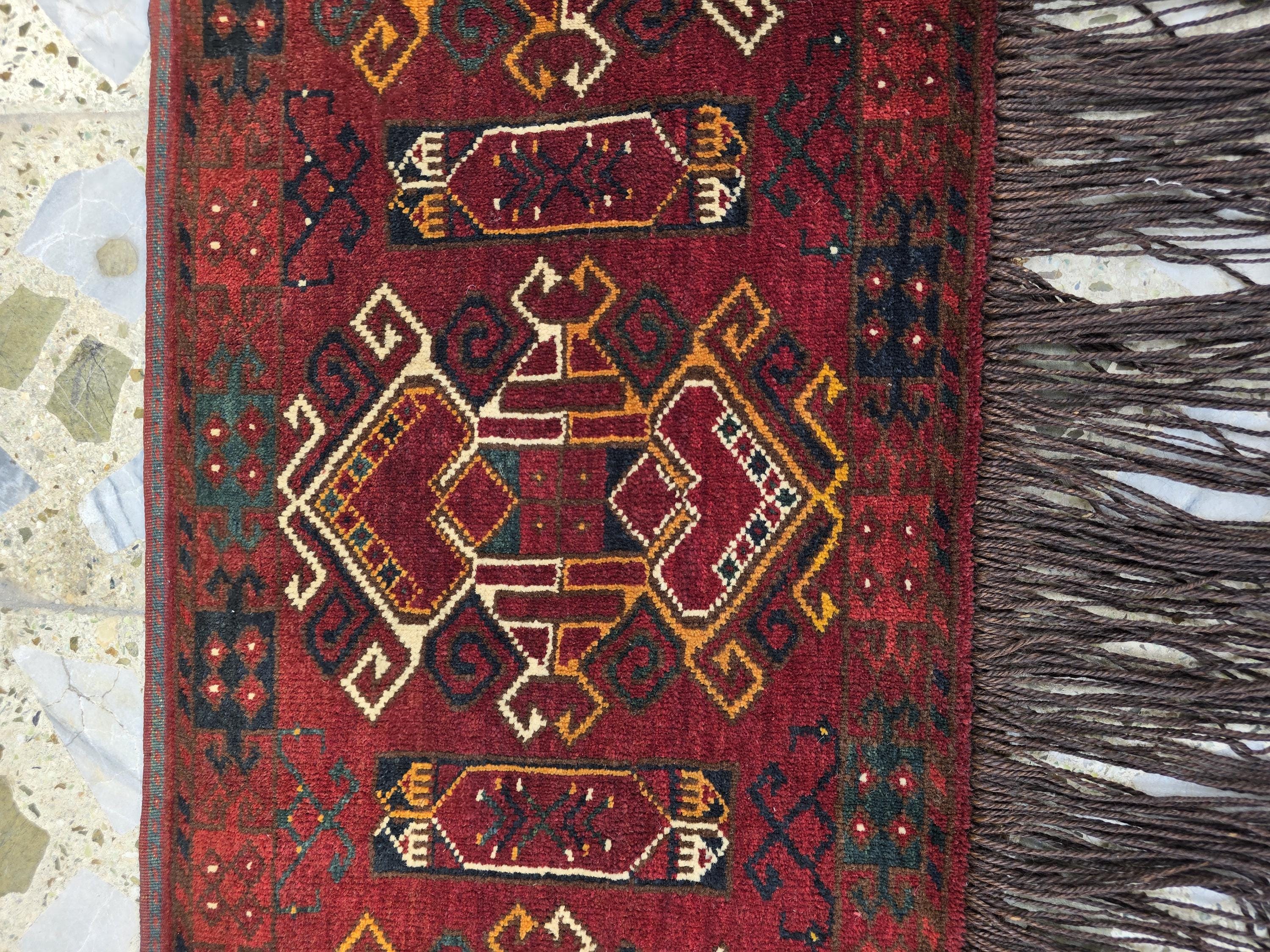 Vintage Afghan Wall Hanging Rug 2x5ft | 55 Year Old Tribal Handmade Wool Tapestry | Antique Baluch Textile with Fringe | Boho Oriental Decor