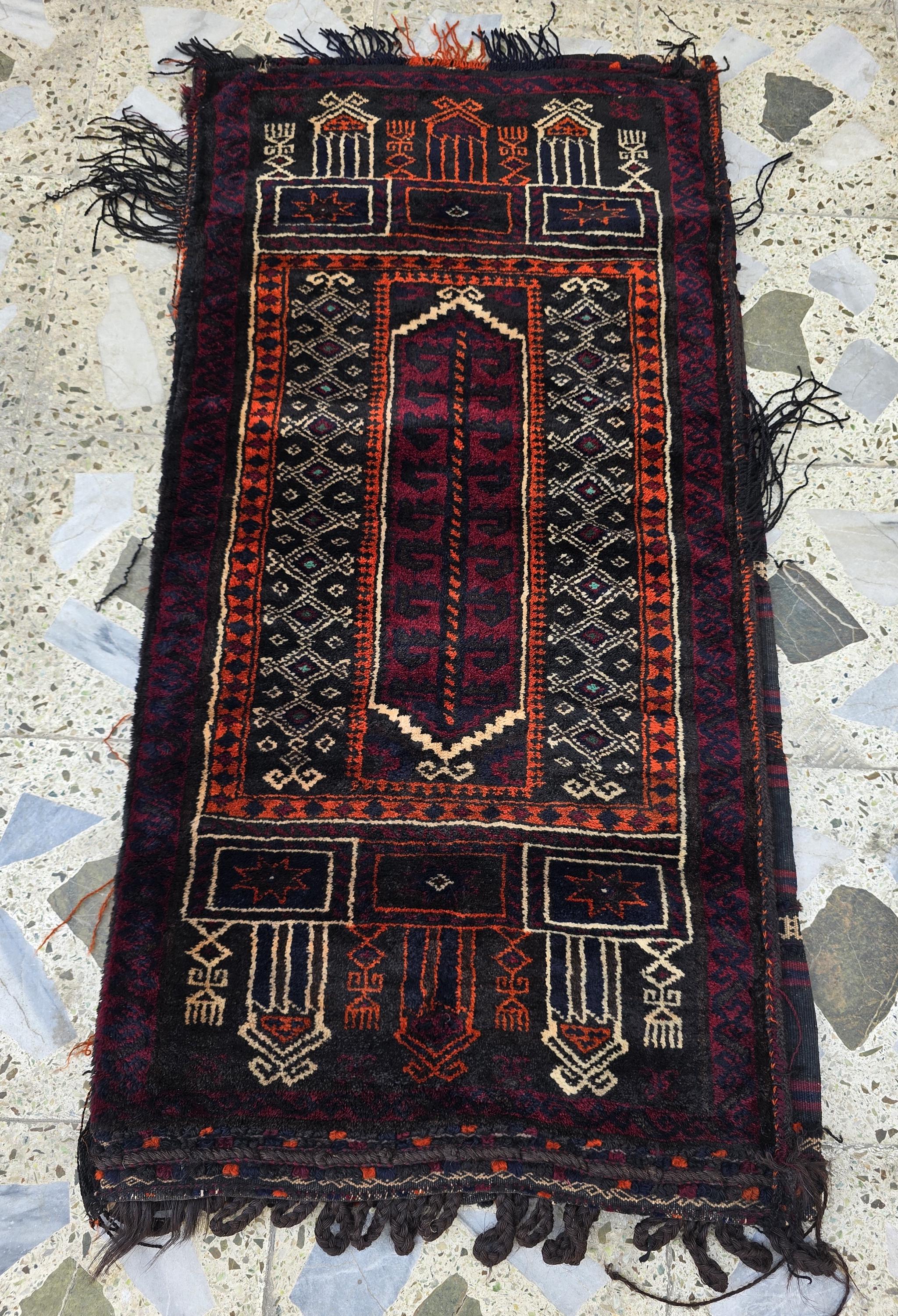 Vintage Afghan Cushion Cover Rug 3.6x1.8 ft – Handwoven Tribal Wool Carpet, Antique Small Antique Piece, Oriental Boho Decor