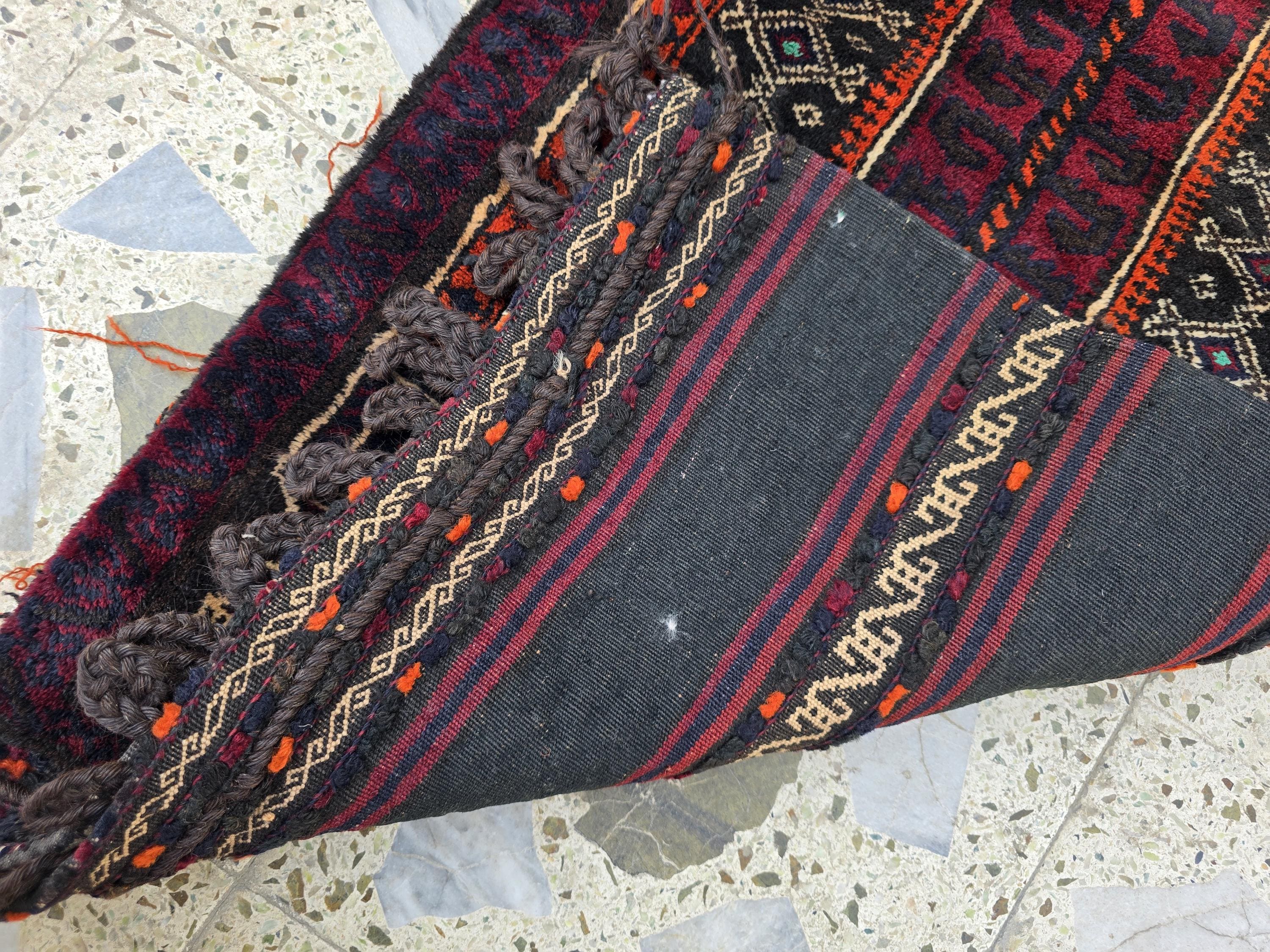 Vintage Afghan Cushion Cover: Handwoven Wool Tribal Rug, 3.6x1.8 ft