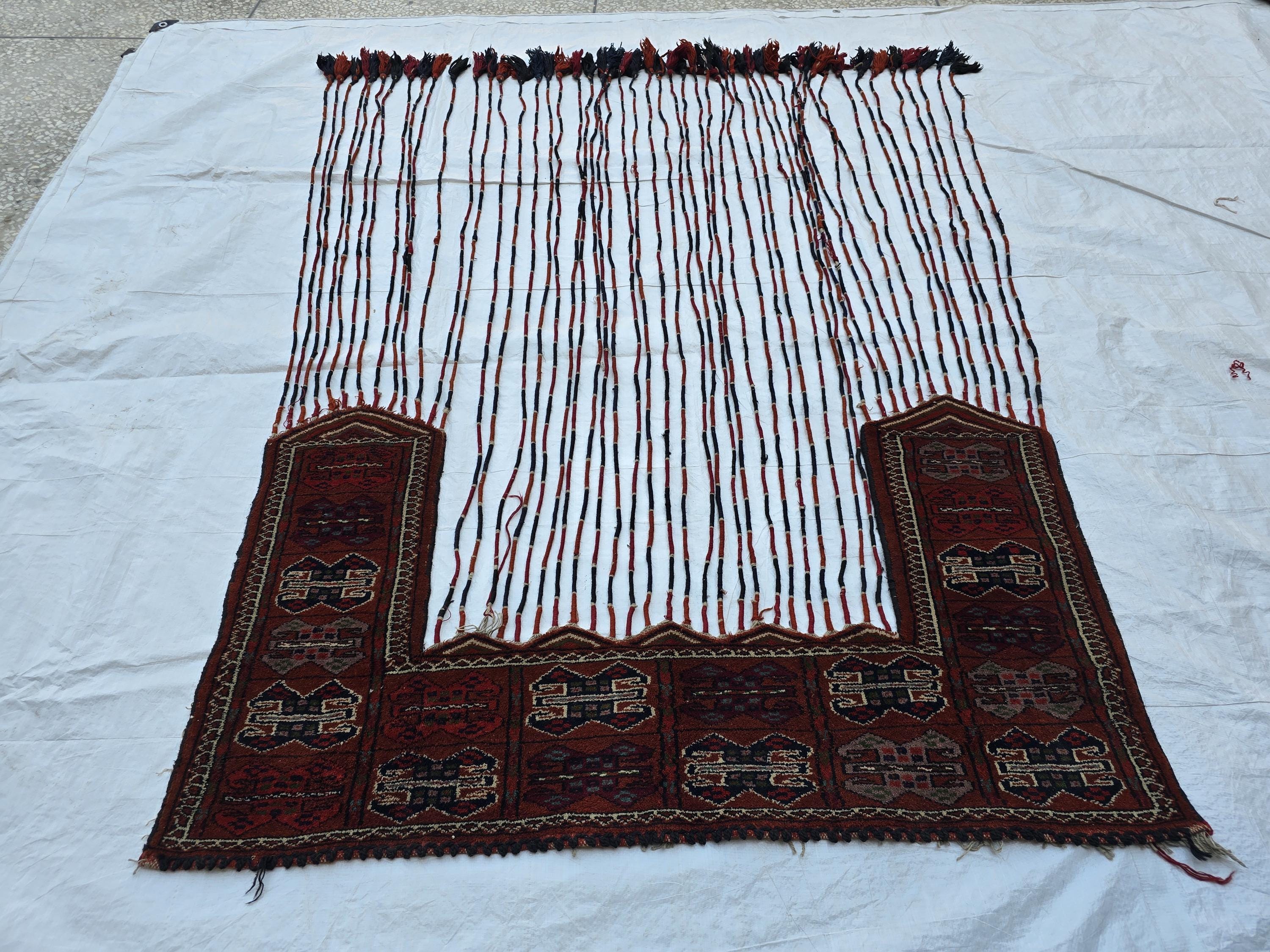 Vintage Afghan Handmade Tapestry 4x7ft – Tribal Wall Hanging with Tassels, Bohemian Oriental Textile, Nomadic Decor, Collectible Rug Art