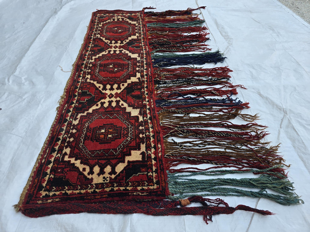 Vintage Afghan Wool Tapestry: Handmade Tribal Wall Hanging with Tassels