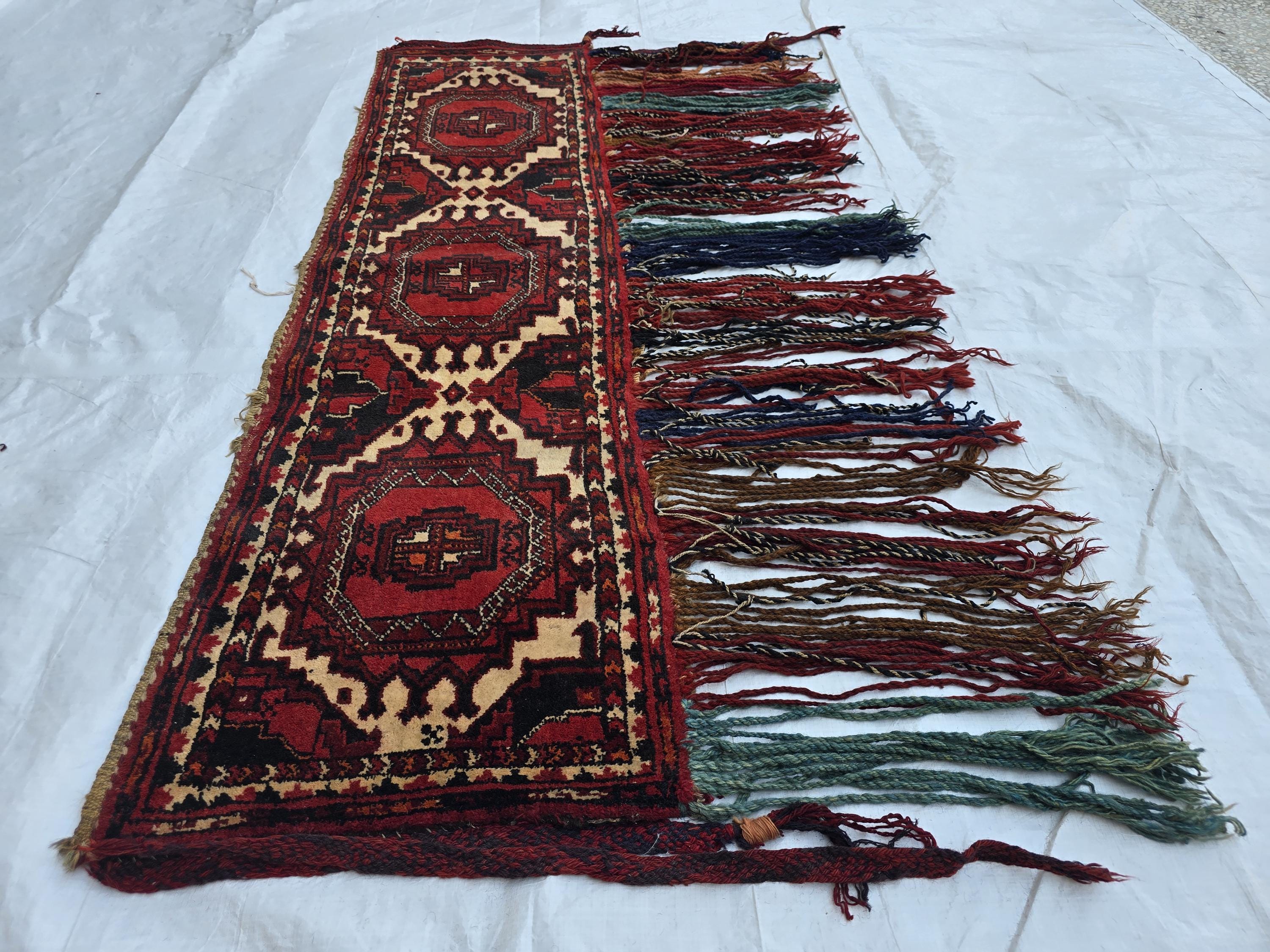 Vintage Afghan Wool Tapestry: Handmade Tribal Wall Hanging with Tassels