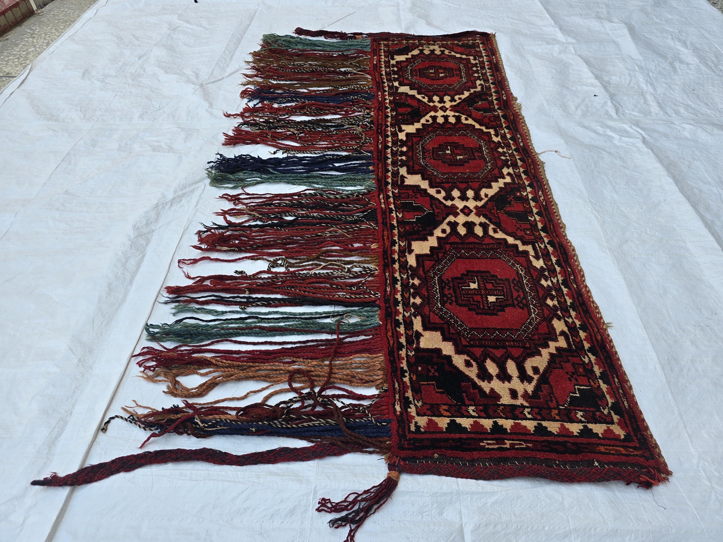 Vintage Afghan Wool Tapestry: Handmade Tribal Wall Hanging with Tassels
