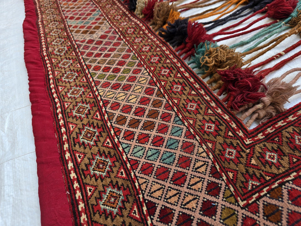 Maroon Teal Handwoven Wall Hanging – Vintage Bohemian Wool Tapestry with Tassels
