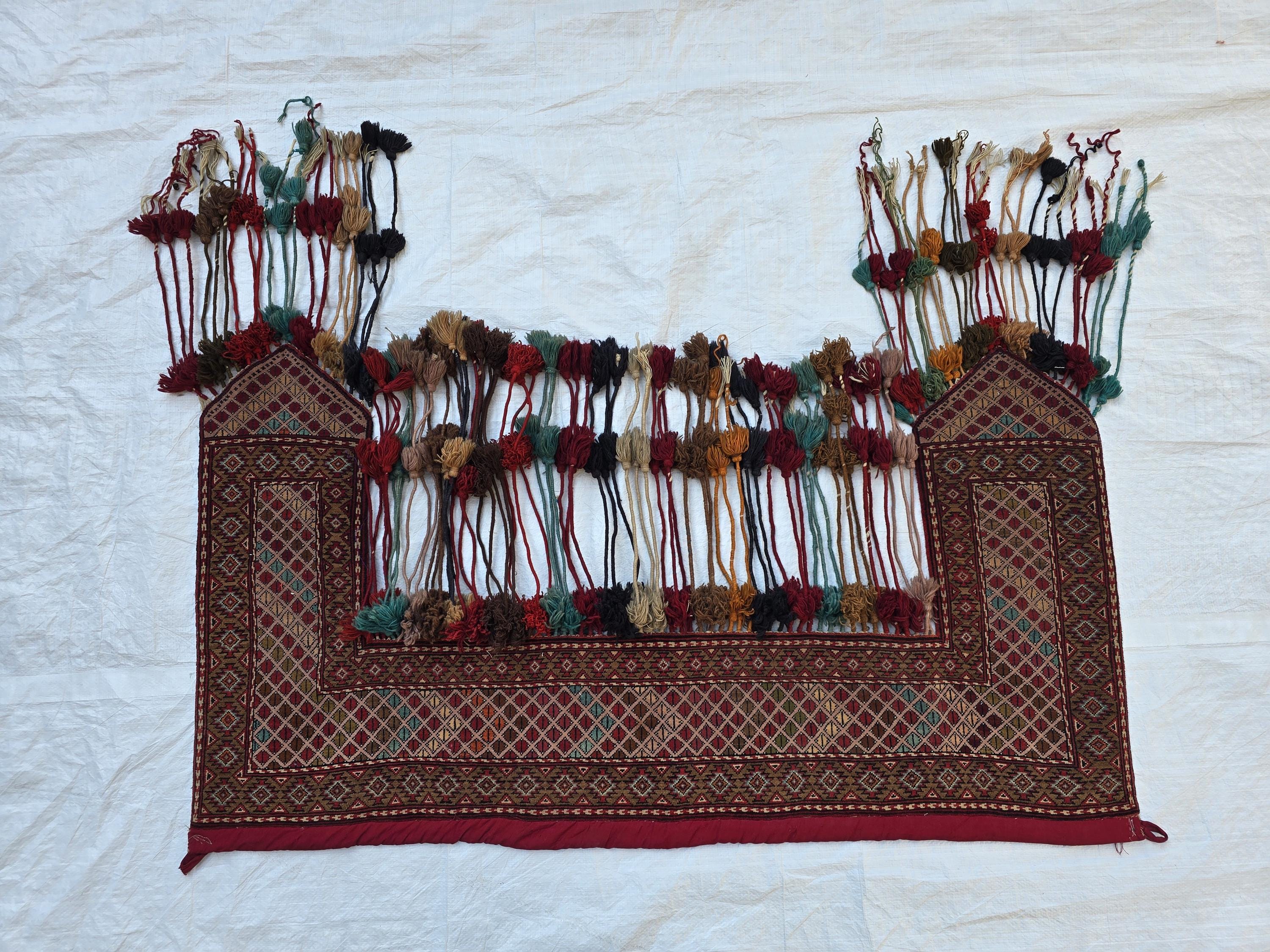 Maroon Teal Handwoven Wall Hanging – Vintage Bohemian Wool Tapestry with Tassels