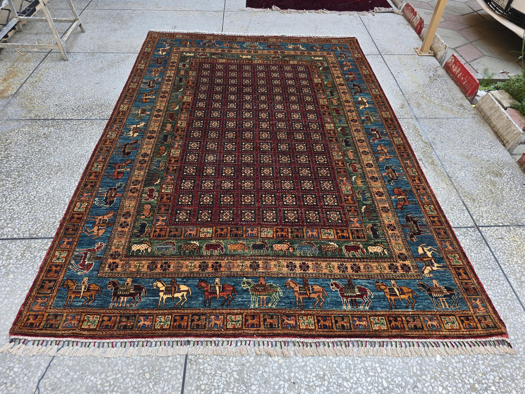 Handmade Afghan Wool Rug 7x10 ft: Tribal Geometric Design, Living Room Carpet