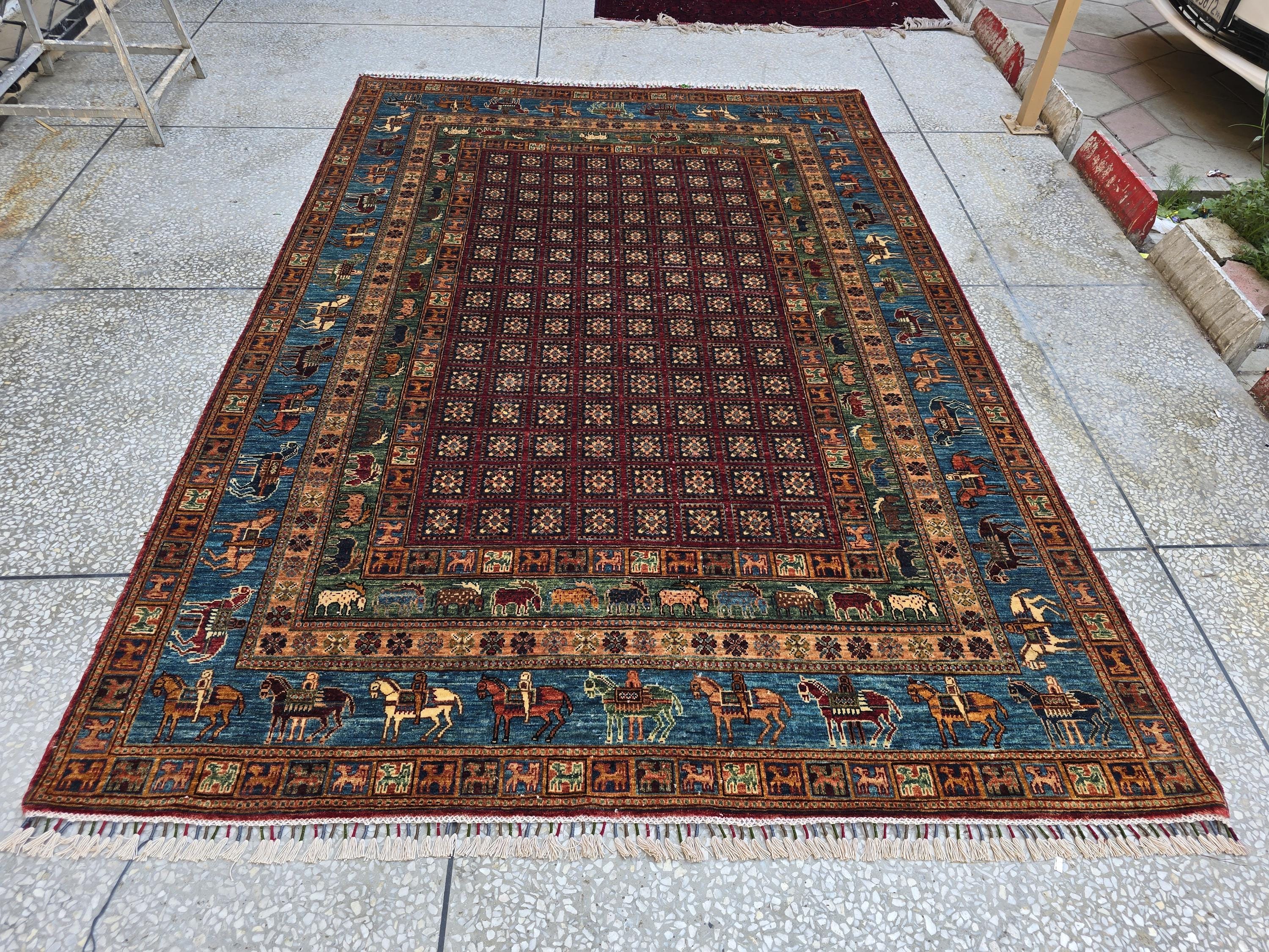 Handmade Afghan Wool Rug 7x10 ft: Tribal Geometric Design, Living Room Carpet