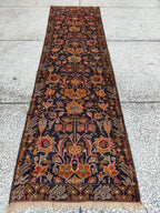 3x9 Ft Antique Baluchi Handmade Hallway Runner Rug | Turkmen Oriental Wool Carpet