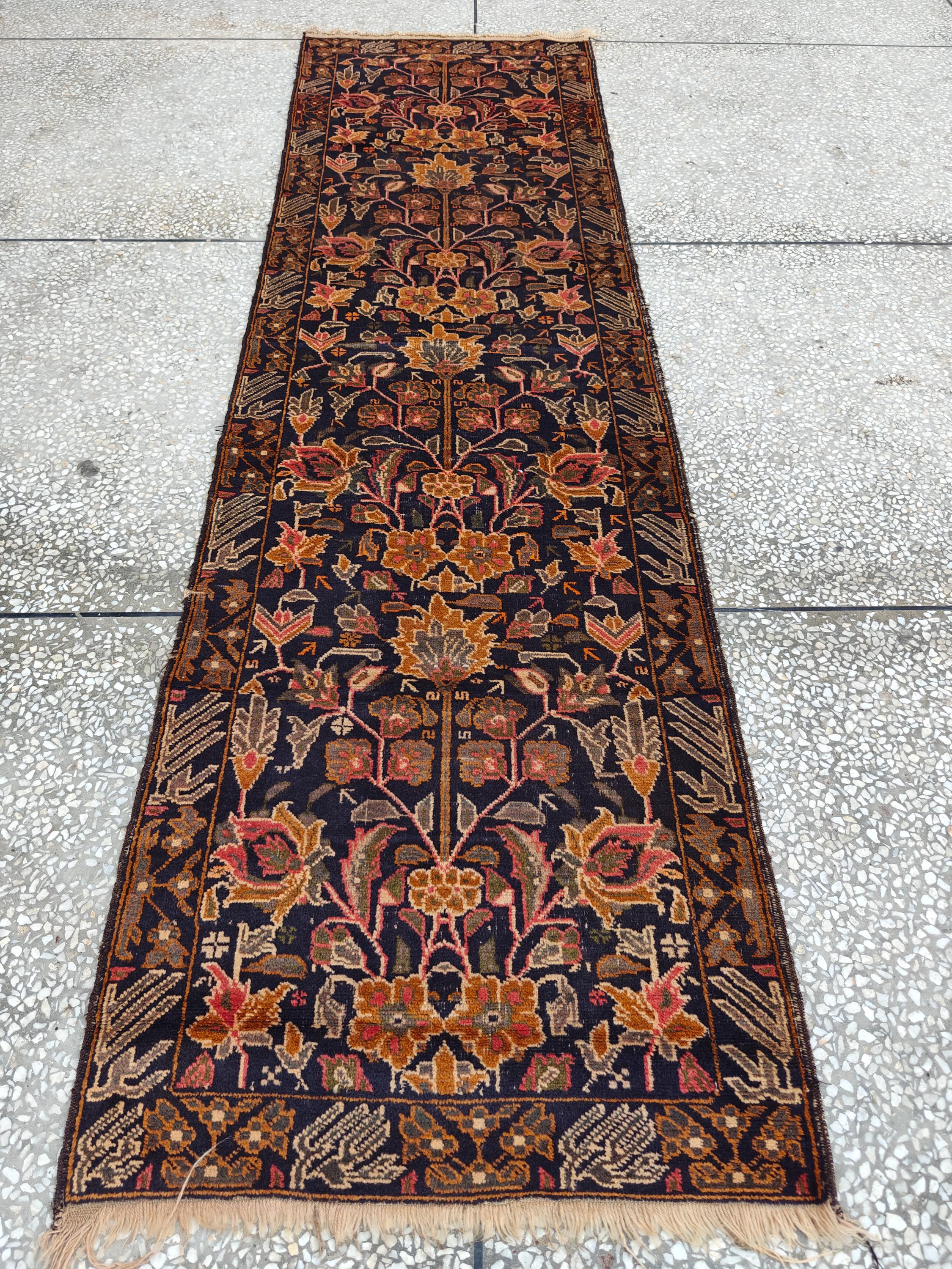 3x9 Ft Antique Baluchi Handmade Hallway Runner Rug | Turkmen Oriental Wool Carpet