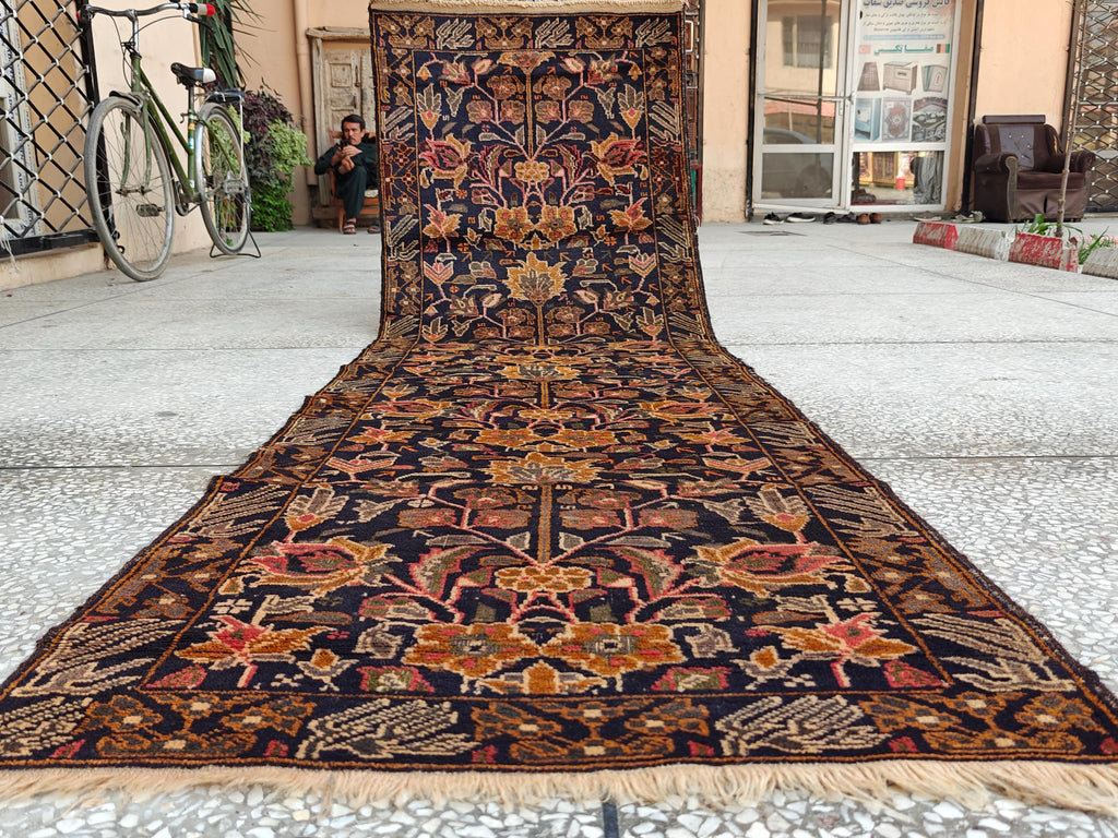 3x9 Ft Antique Baluchi Handmade Hallway Runner Rug | Turkmen Oriental Wool Carpet