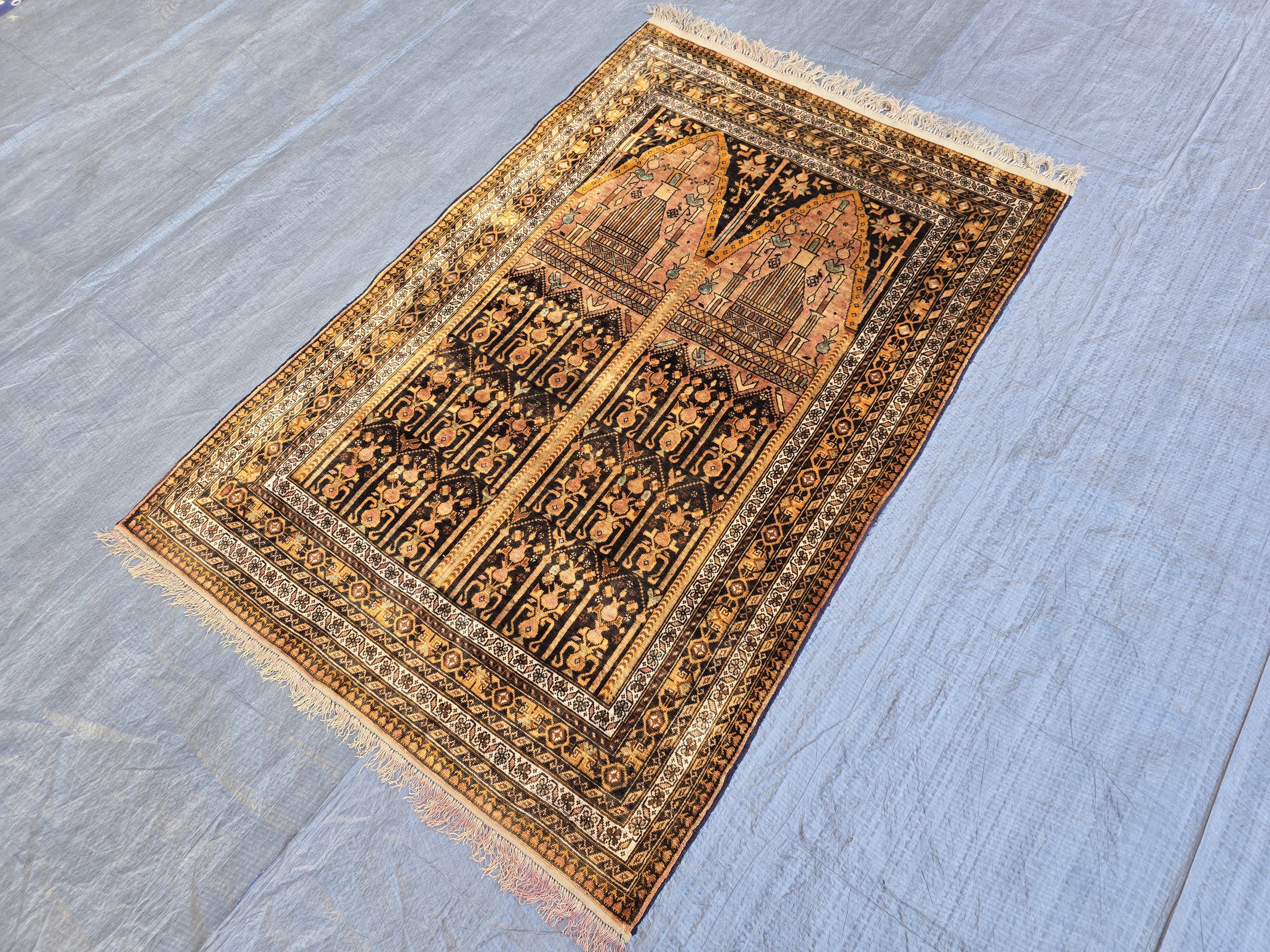 Silk Antique Prayer Rug 4×5 ft – Rare Vintage Handwoven Carpet