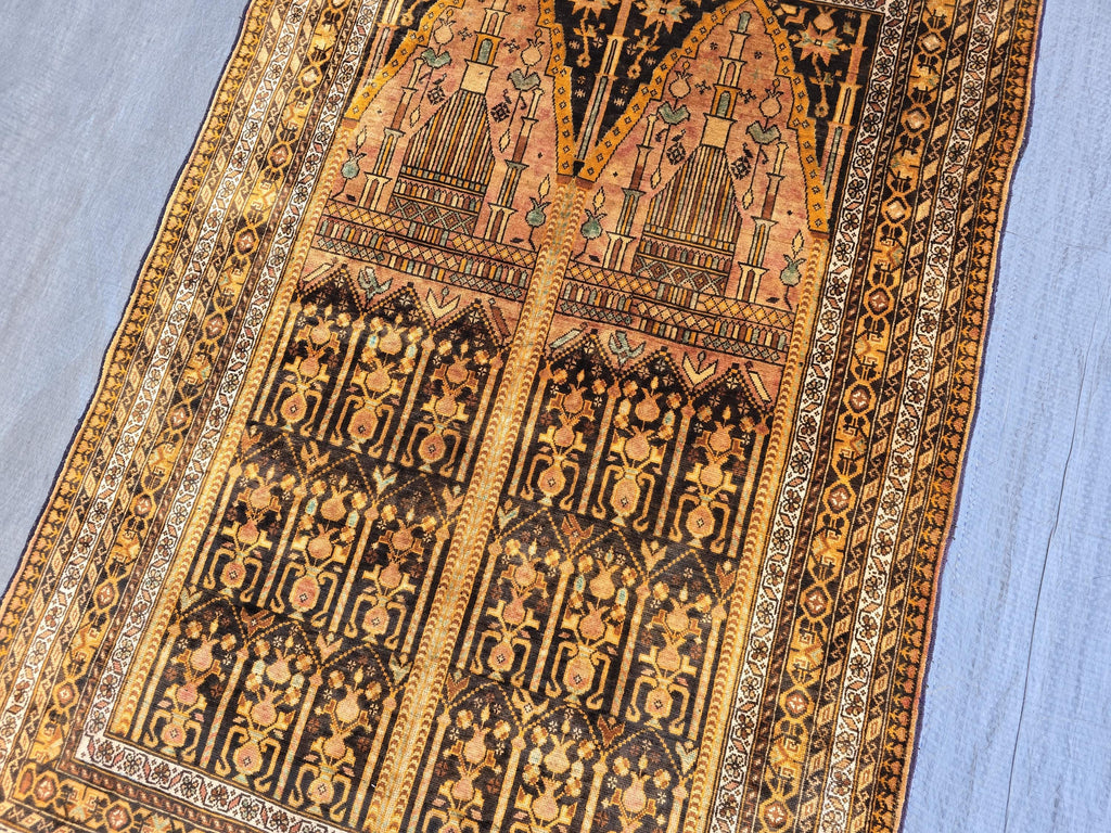 Silk Antique Prayer Rug 4×5 ft – Rare Vintage Handwoven Carpet