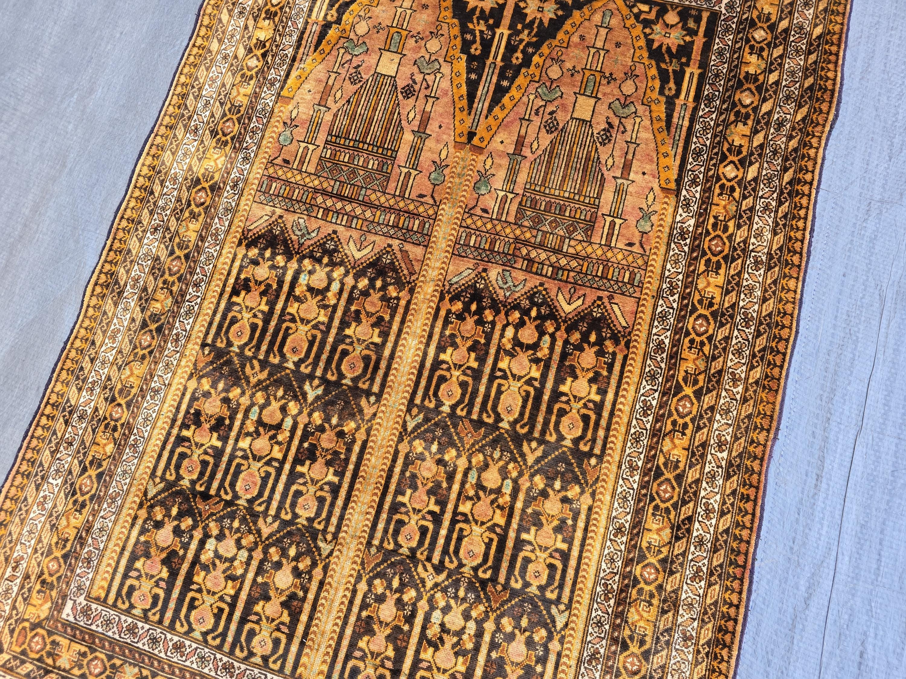 Silk Antique Prayer Rug 4×5 ft – Rare Vintage Handwoven Carpet
