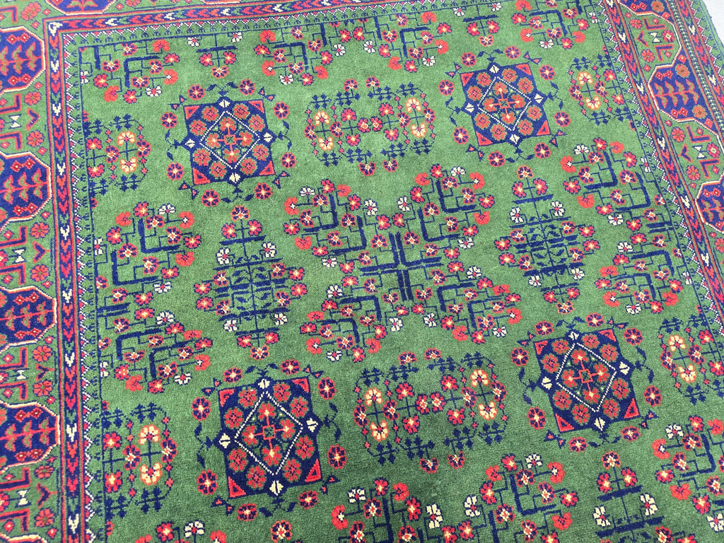 Green Bukhara 5x7 Ft Rug, Handmade Geometric Wool Carpet for Living Room