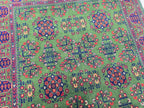 Green Bukhara 5x7 Ft Rug, Handmade Geometric Wool Carpet for Living Room