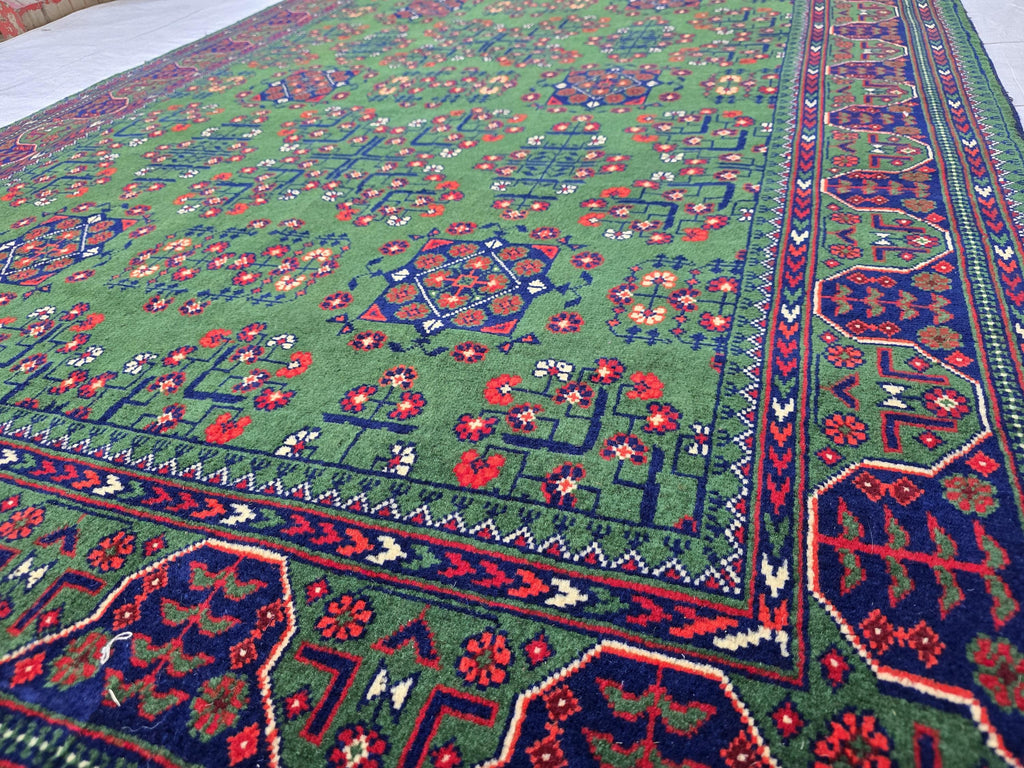 Green Bukhara 5x7 Ft Rug, Handmade Geometric Wool Carpet for Living Room