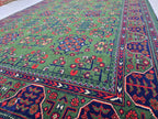 Green Bukhara 5x7 Ft Rug, Handmade Geometric Wool Carpet for Living Room