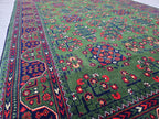 Green Bukhara 5x7 Ft Rug, Handmade Geometric Wool Carpet for Living Room