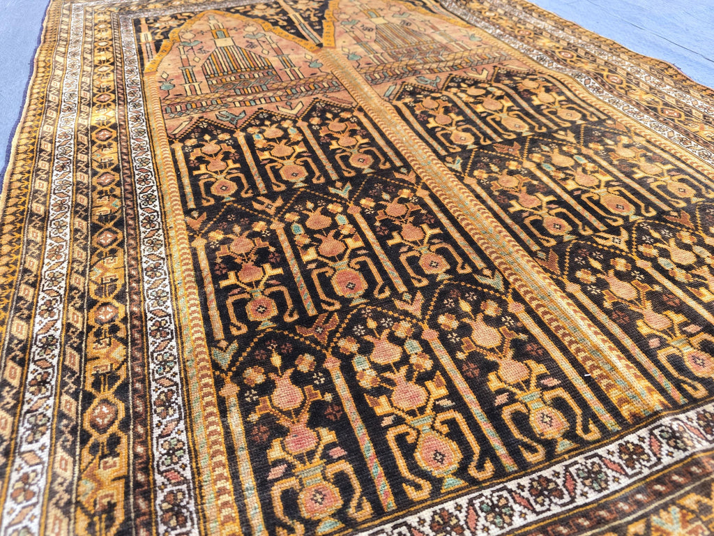 Silk Antique Prayer Rug 4×5 ft – Rare Vintage Handwoven Carpet