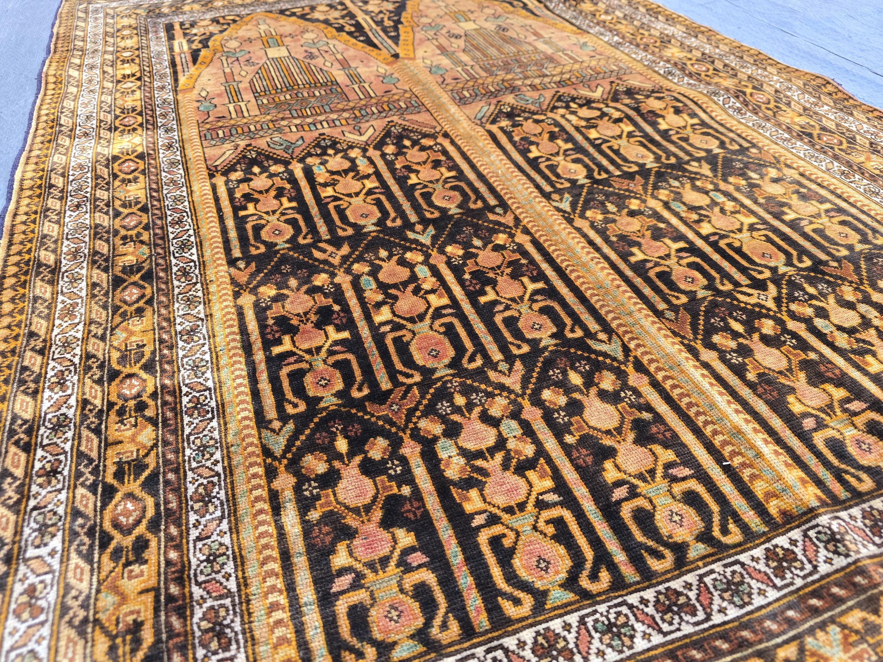 Silk Antique Prayer Rug 4×5 ft – Rare Vintage Handwoven Carpet