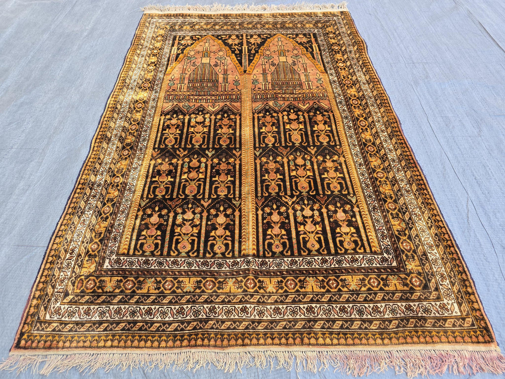 Silk Antique Prayer Rug 4×5 ft – Rare Vintage Handwoven Carpet