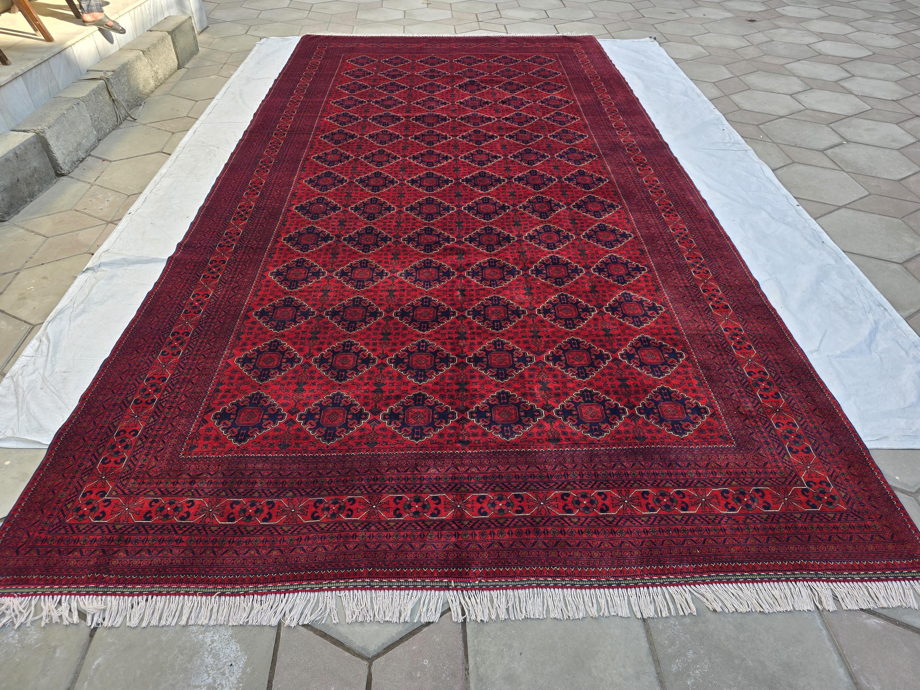 10×20 ft Oversize Red Navy Handmade Afghan Large Wool Rug, Conference Hall Carpet