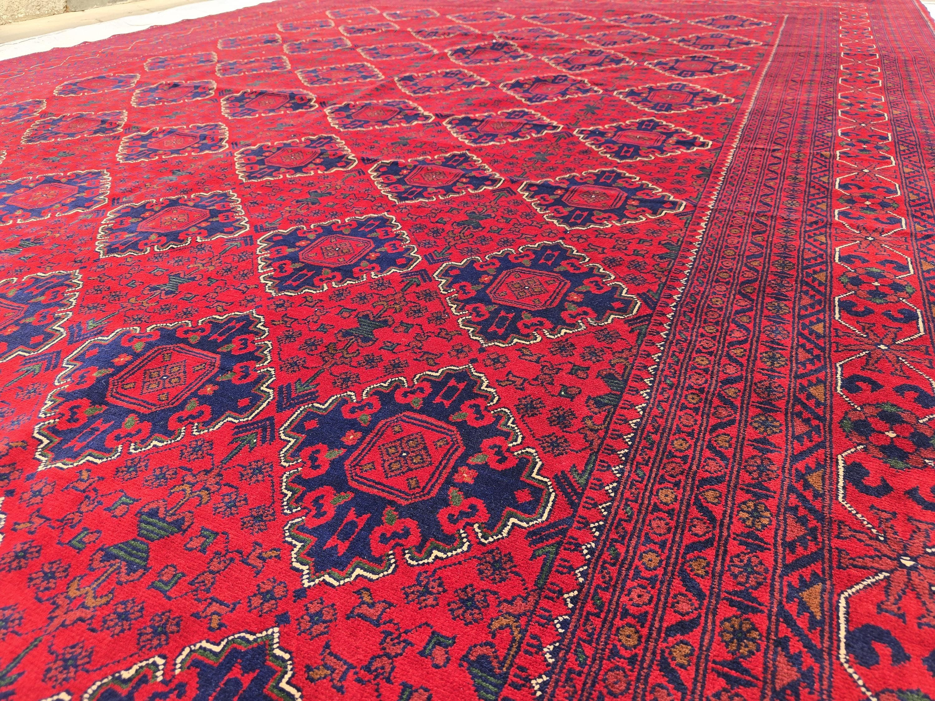10×20 ft Oversize Red Navy Handmade Afghan Large Wool Rug, Conference Hall Carpet