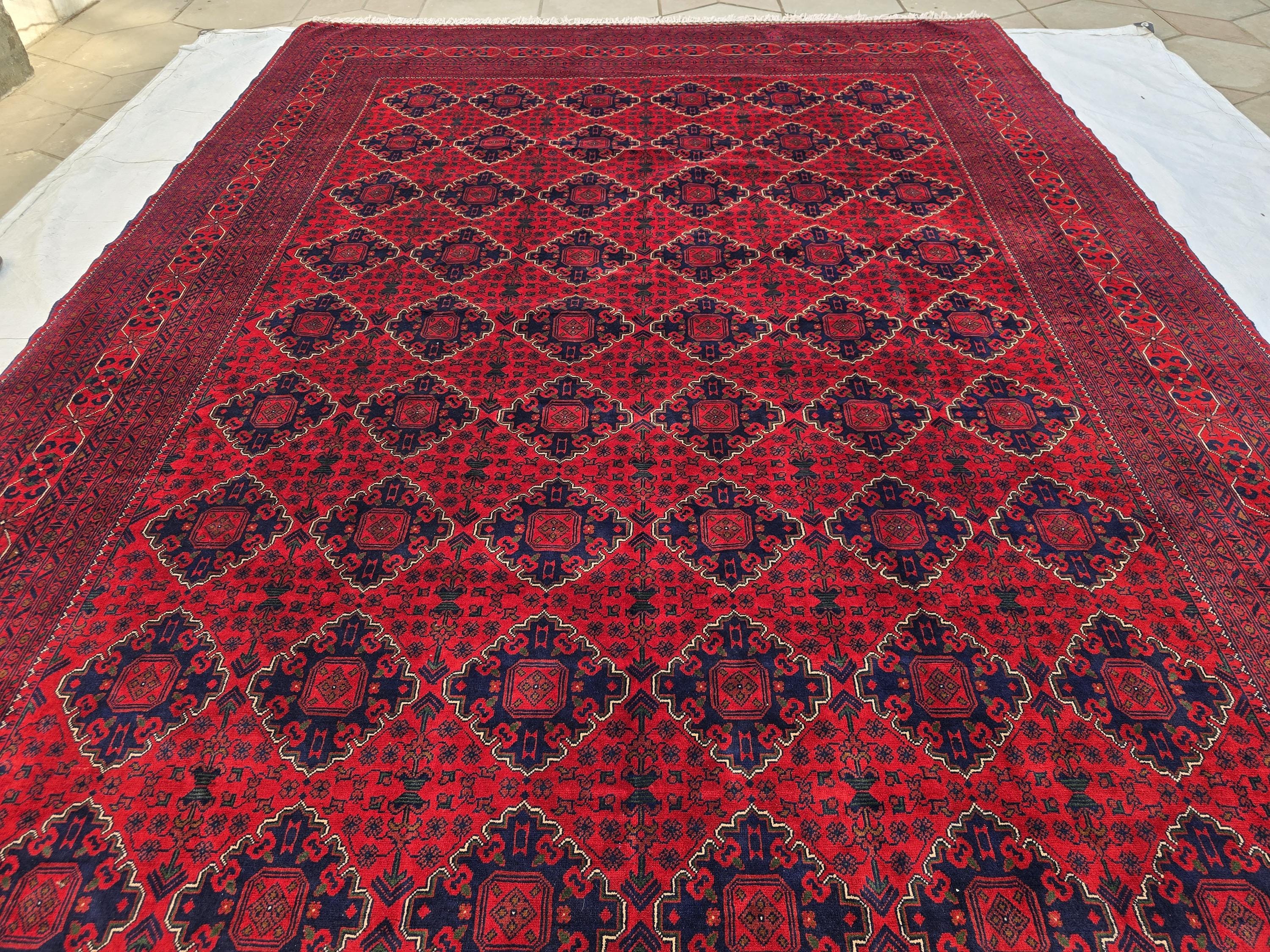 10×20 ft Oversize Red Navy Handmade Afghan Large Wool Rug, Conference Hall Carpet
