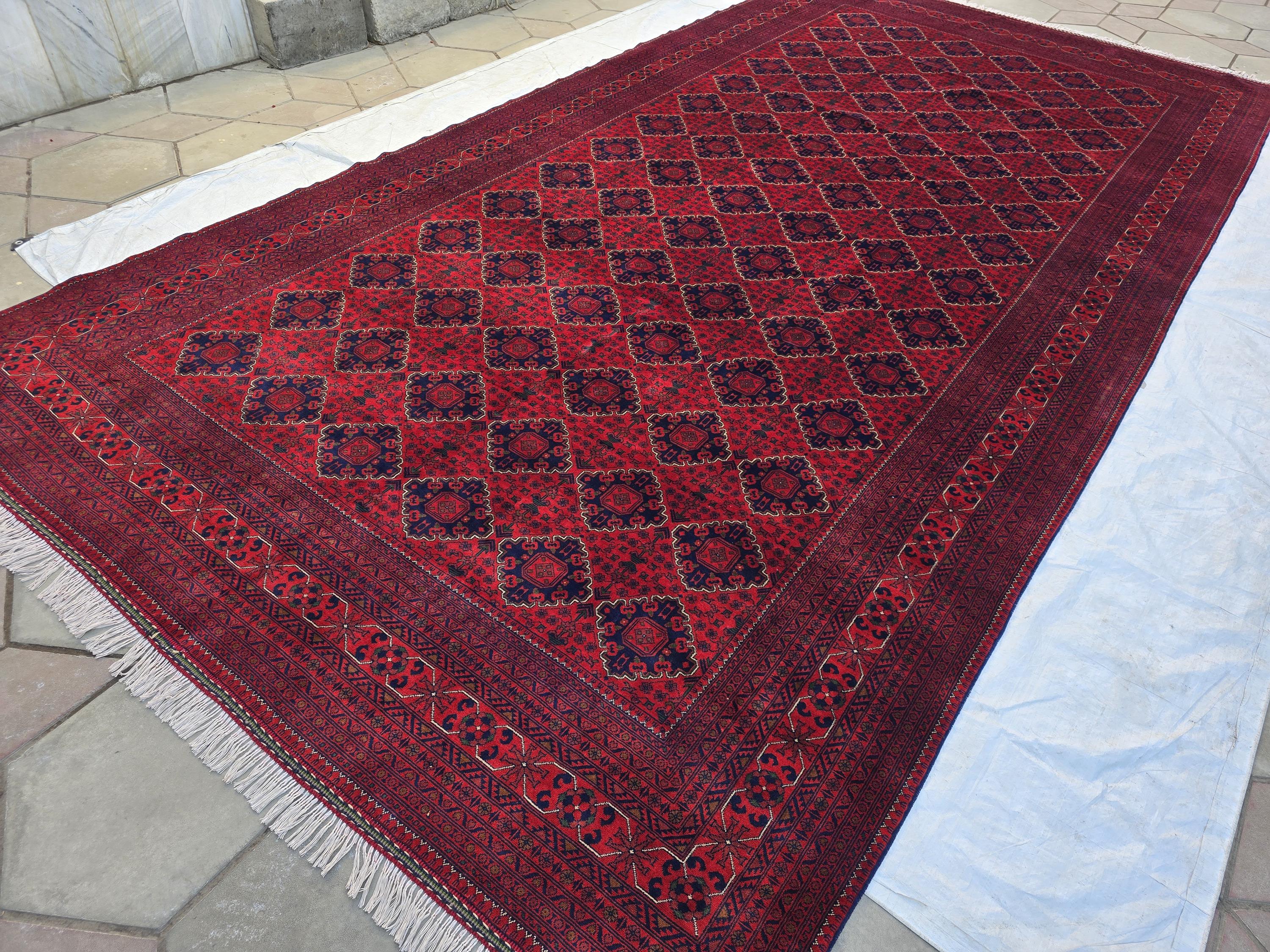 10×20 ft Oversize Red Navy Handmade Afghan Large Wool Rug, Conference Hall Carpet