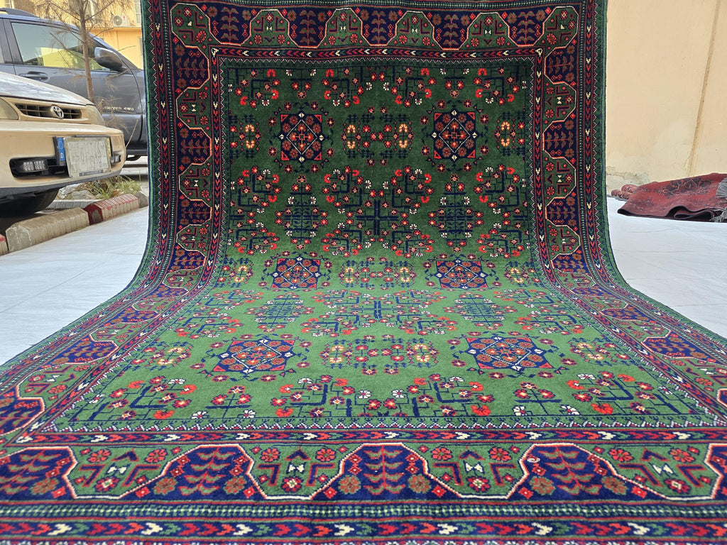 Green Bukhara 5x7 Ft Rug, Handmade Geometric Wool Carpet for Living Room