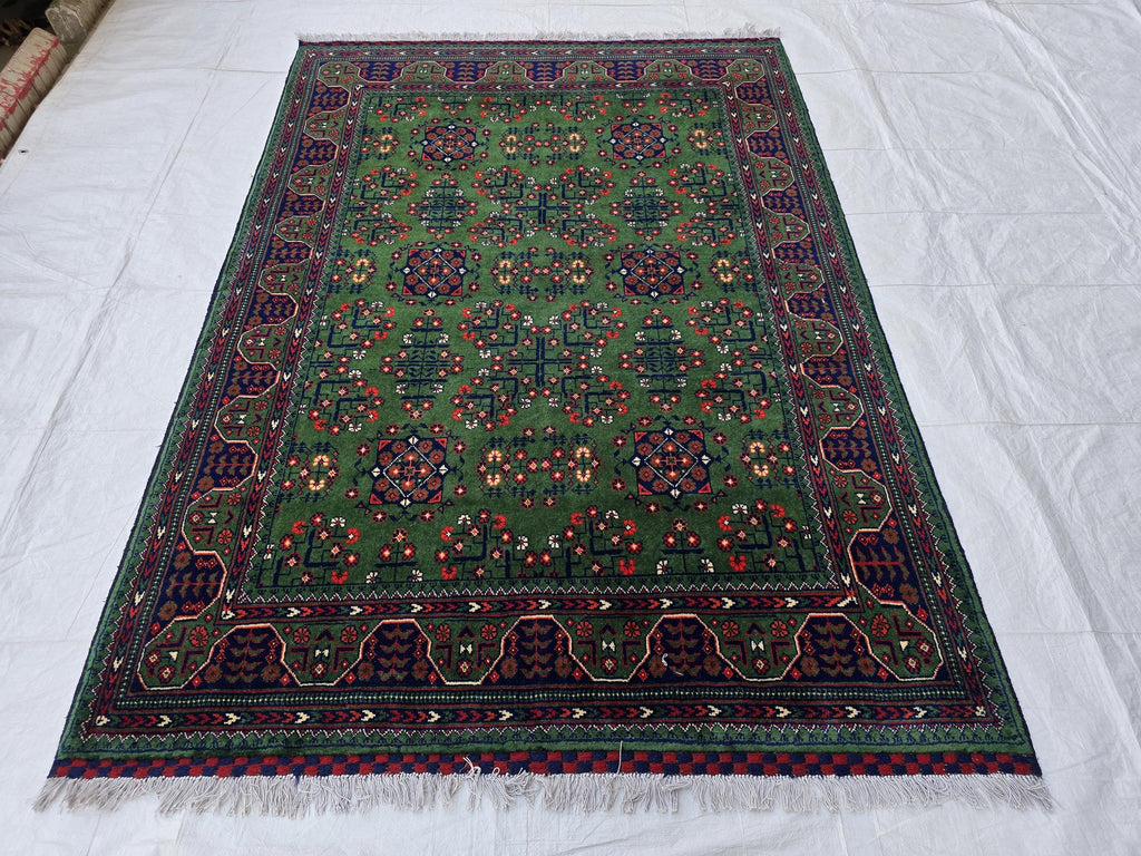 Green Bukhara 5x7 Ft Rug, Handmade Geometric Wool Carpet for Living Room