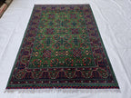 Green Bukhara 5x7 Ft Rug, Handmade Geometric Wool Carpet for Living Room