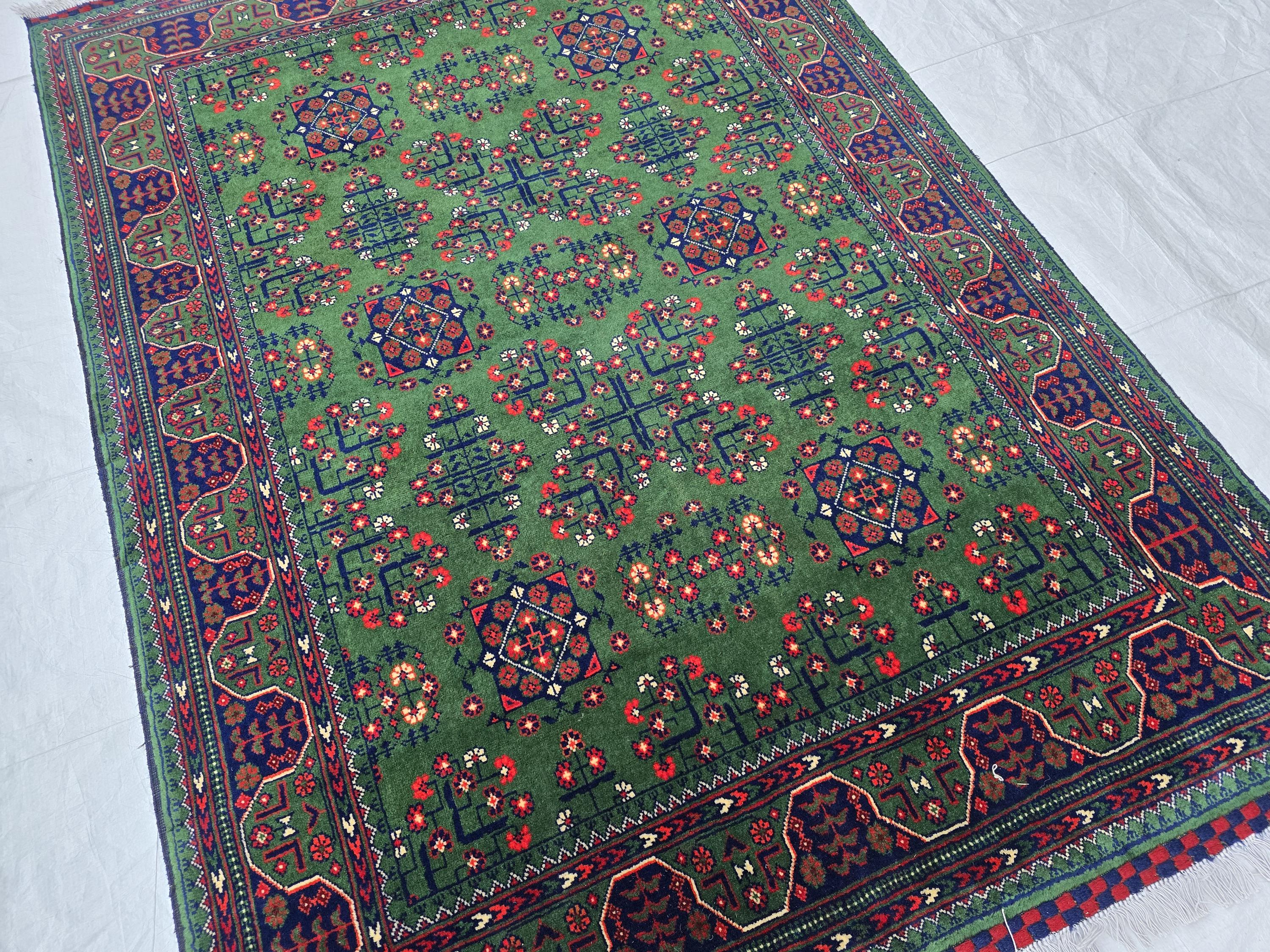 Green Bukhara 5x7 Ft Rug, Handmade Geometric Wool Carpet for Living Room