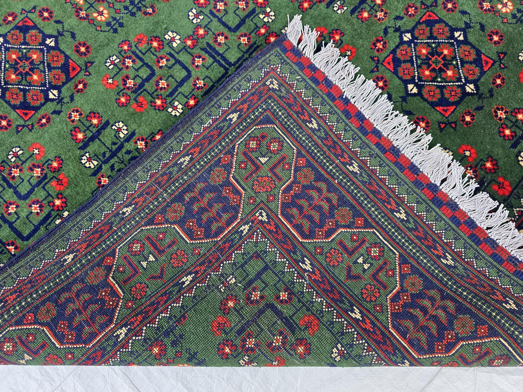 Green Bukhara 5x7 Ft Rug, Handmade Geometric Wool Carpet for Living Room