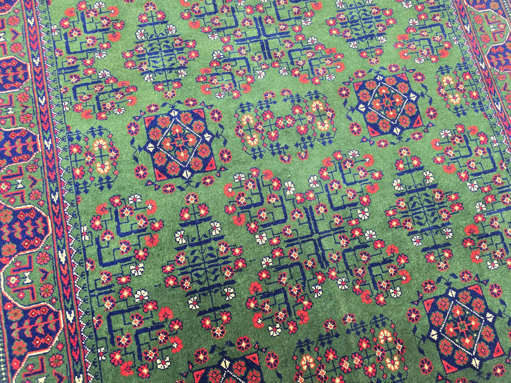 Green Bukhara 5x7 Ft Rug, Handmade Geometric Wool Carpet for Living Room