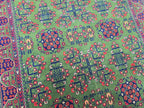 Green Bukhara 5x7 Ft Rug, Handmade Geometric Wool Carpet for Living Room